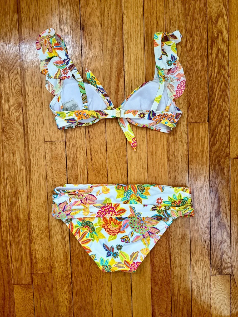 Bleu Rod Beattie White Floral Ruffle Bikini with Multicolor Print